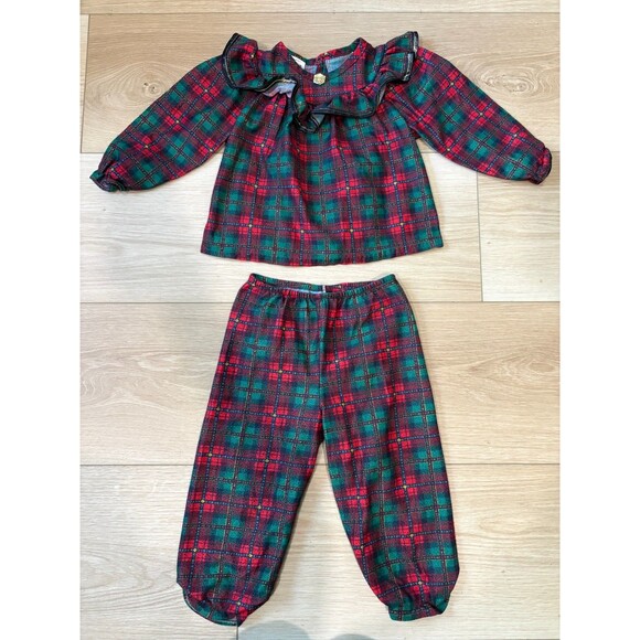 Jackie's Girls Other - VINTAGE Jackie's Girls 3T Plaid Ruffle Top Pants Set Christmas Tartan Made in US